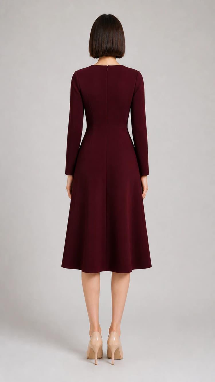 Synthetic back appearance of an adult woman wearing a burgundy midi dress