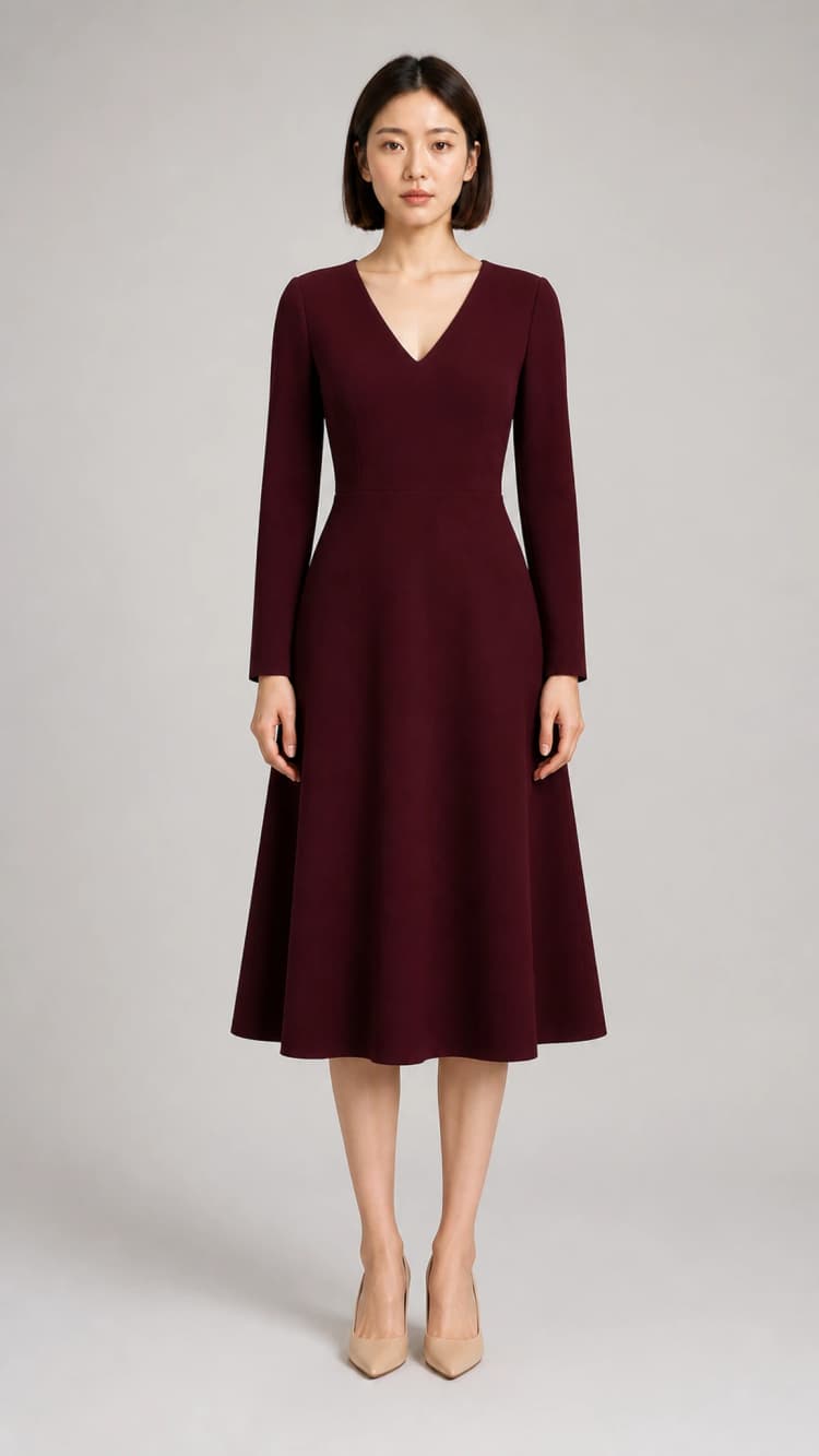 Synthetic front appearance of an adult woman wearing a burgundy midi dress