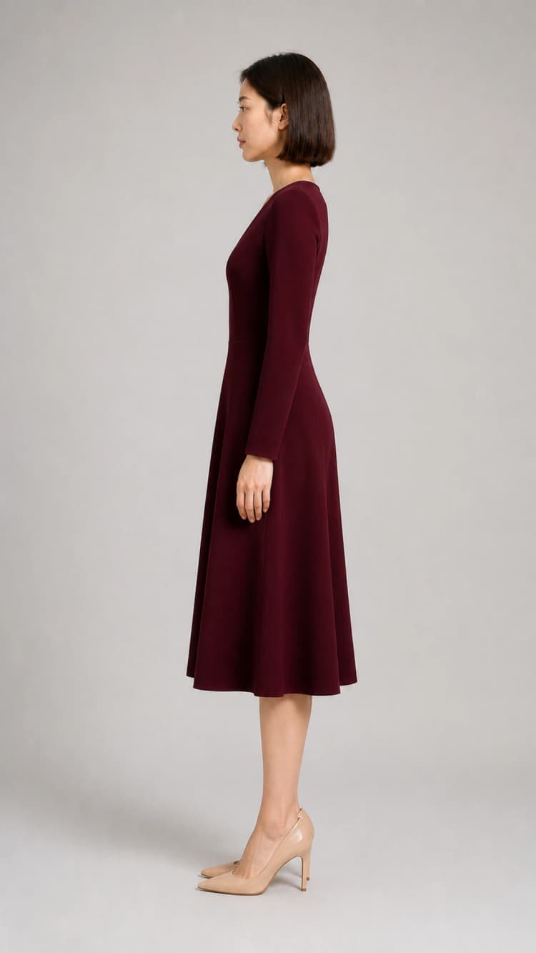 Synthetic side appearance of an adult woman wearing a burgundy midi dress