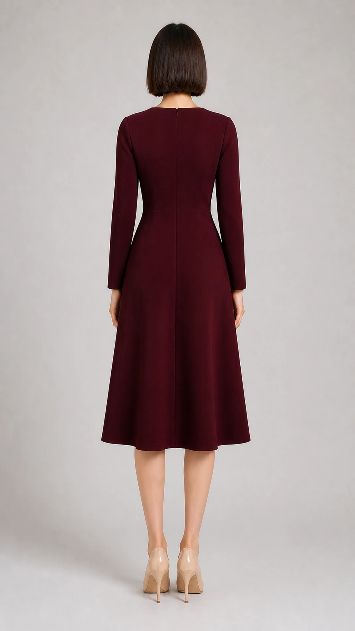 Back appearance reference of an adult woman wearing a burgundy midi dress