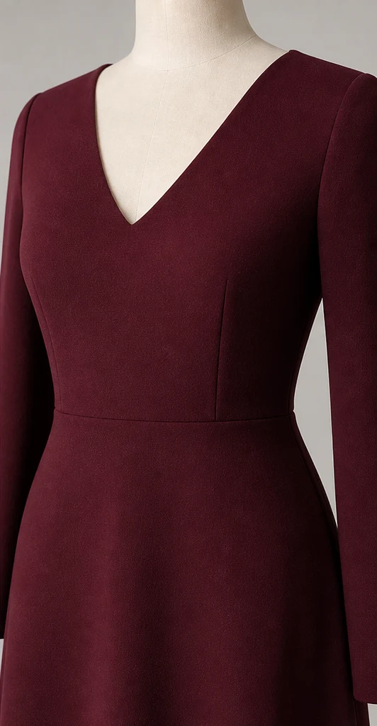 Synthetic neckline and waist detail image of an adult burgundy midi dress