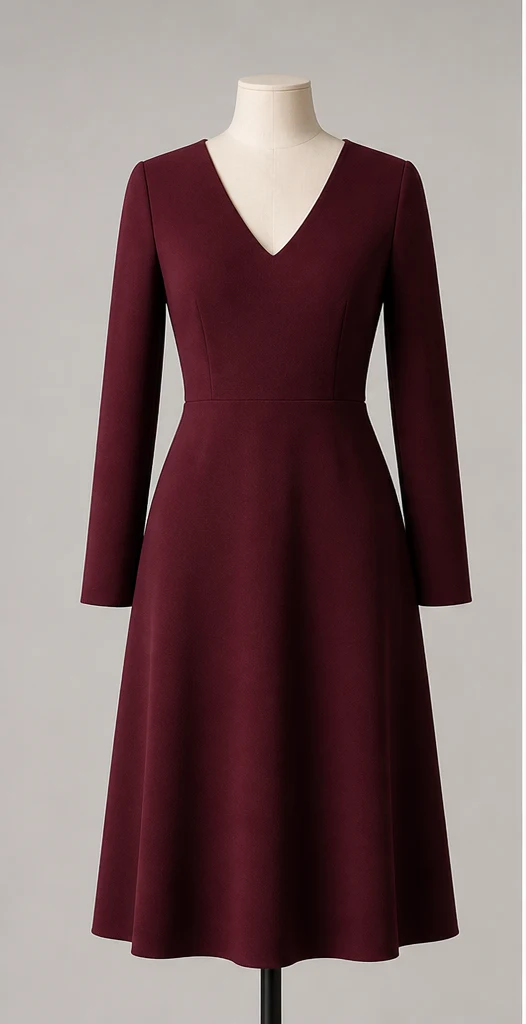 Front product image of a burgundy midi dress used to plan a clothing video shot list