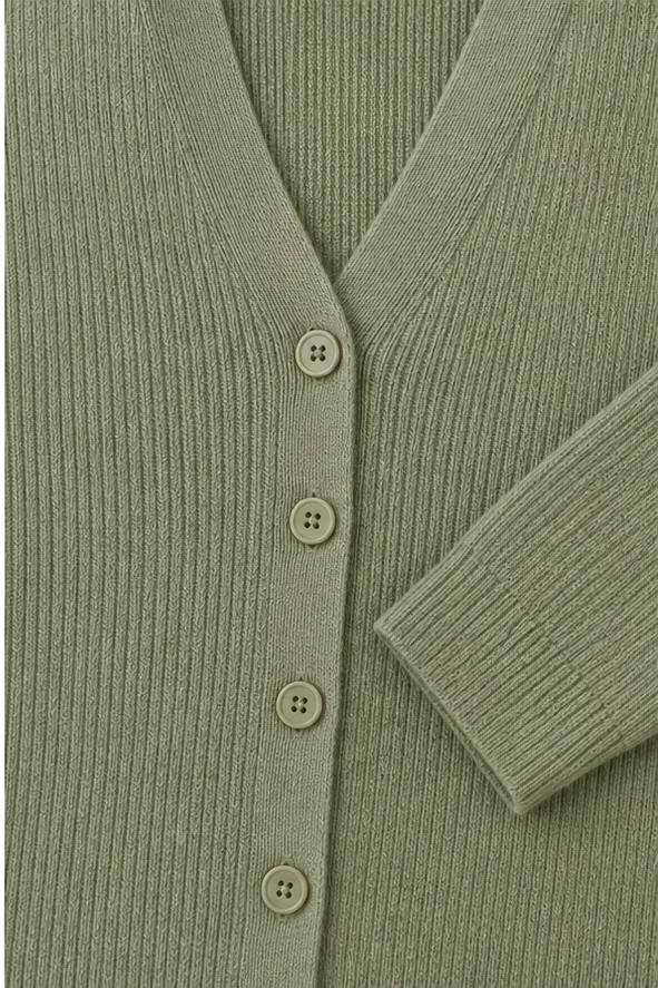 Close product image showing knit cardigan texture and button detail