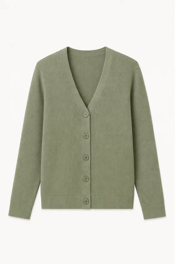 Front product image of a knit cardigan prepared as a traceable clothing source